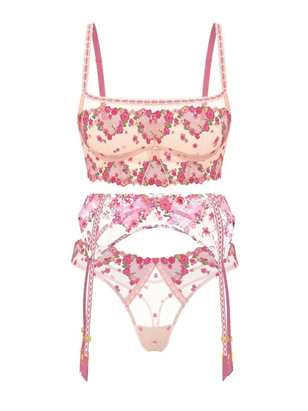 Victoria's Secret Dream Angels Pink Hearts & Roses Embroidery Bra Top 3 Pc Set L